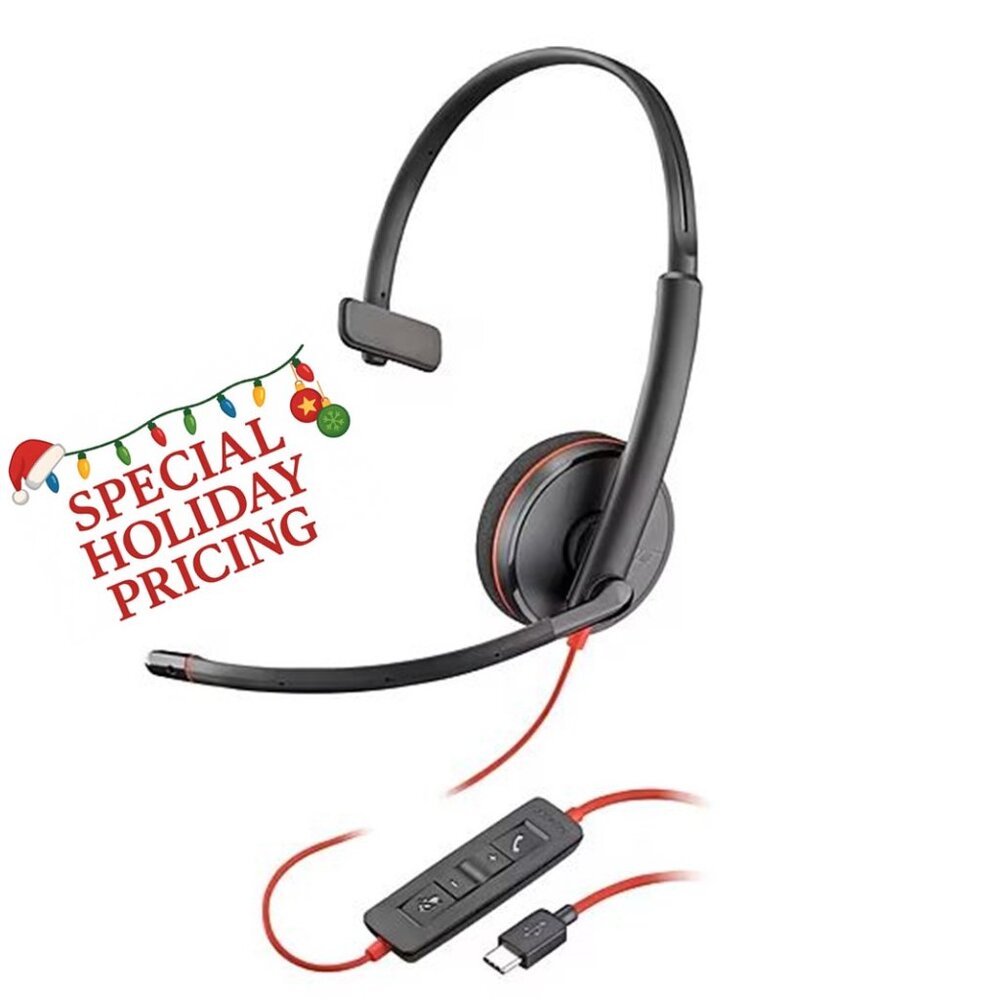 Poly Blackwire 3210 Monaural USB-C Headset +USB-C/A Adapter Bulk 8X214A6 (NEW)